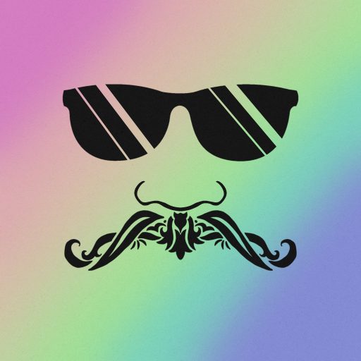 Simple icon showing sunglasses & a sick mustache over a rainbow background