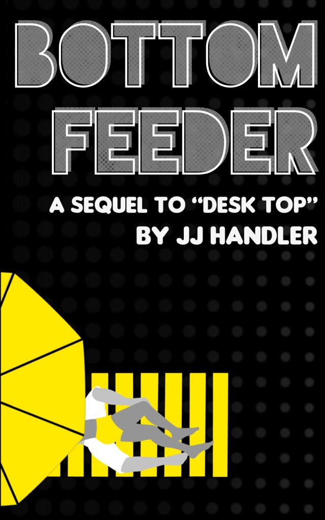 Book cover for "Bottom Feeder" by JJ Handler, showing a minimalist illustration of two men lying under a beach umbrella on a black background